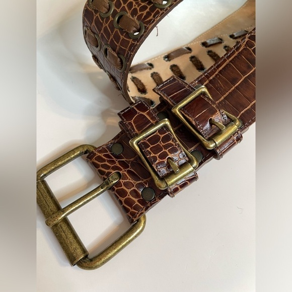 Leatherock Genuine Leather Brown Textured Lacing Whipstitch Double Buckle Belt - Picture 6 of 10